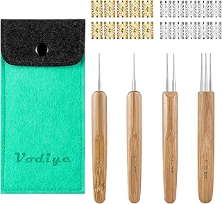 Vodiye Dreadlock Crochet Hook for Hair, 0.5mm 0.75mm Steel Locs Crochet Needle for Hair, Professional Dreadlock Crochet Needle with Bamboo Handle, Dreadlocks Beads Mixed Golden Silver for Braid Craft