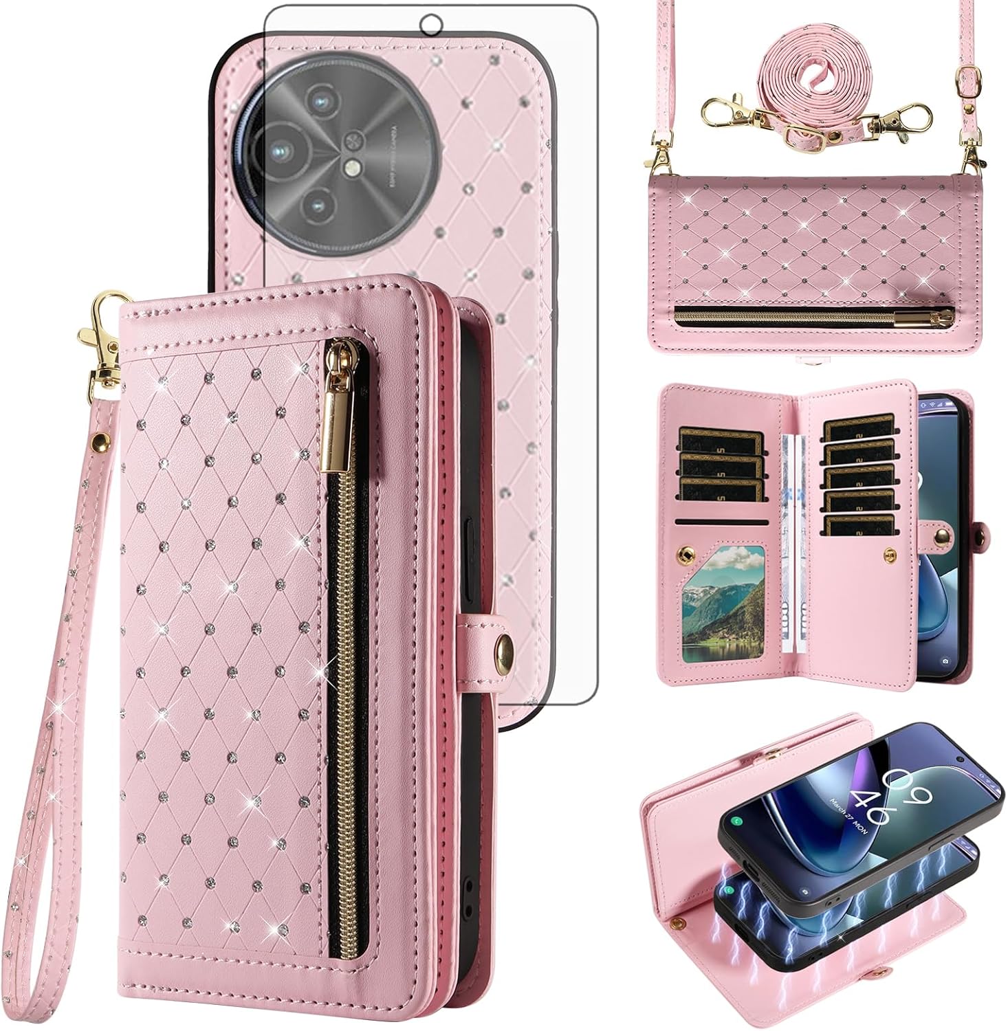 Asuwish Phone Case for TCL 50 XL 5G Zipper Wallet Detachable Magnetic Cell Cover with Tempered Glass Screen Protector Crossbody Strap Bling Flip Credit Card Holder TCL50XL 50XL T702W Women Girls Pink