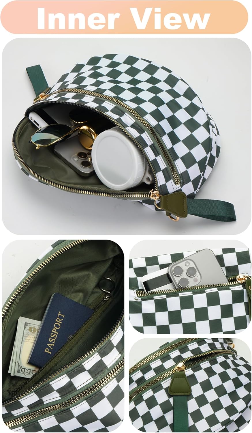 Checkered Crossbody Bag Large Nylon Bum Bags for Women Spacious Belt Bag Sling Handbags Waterproof Purses Fanny Packs - Image 4