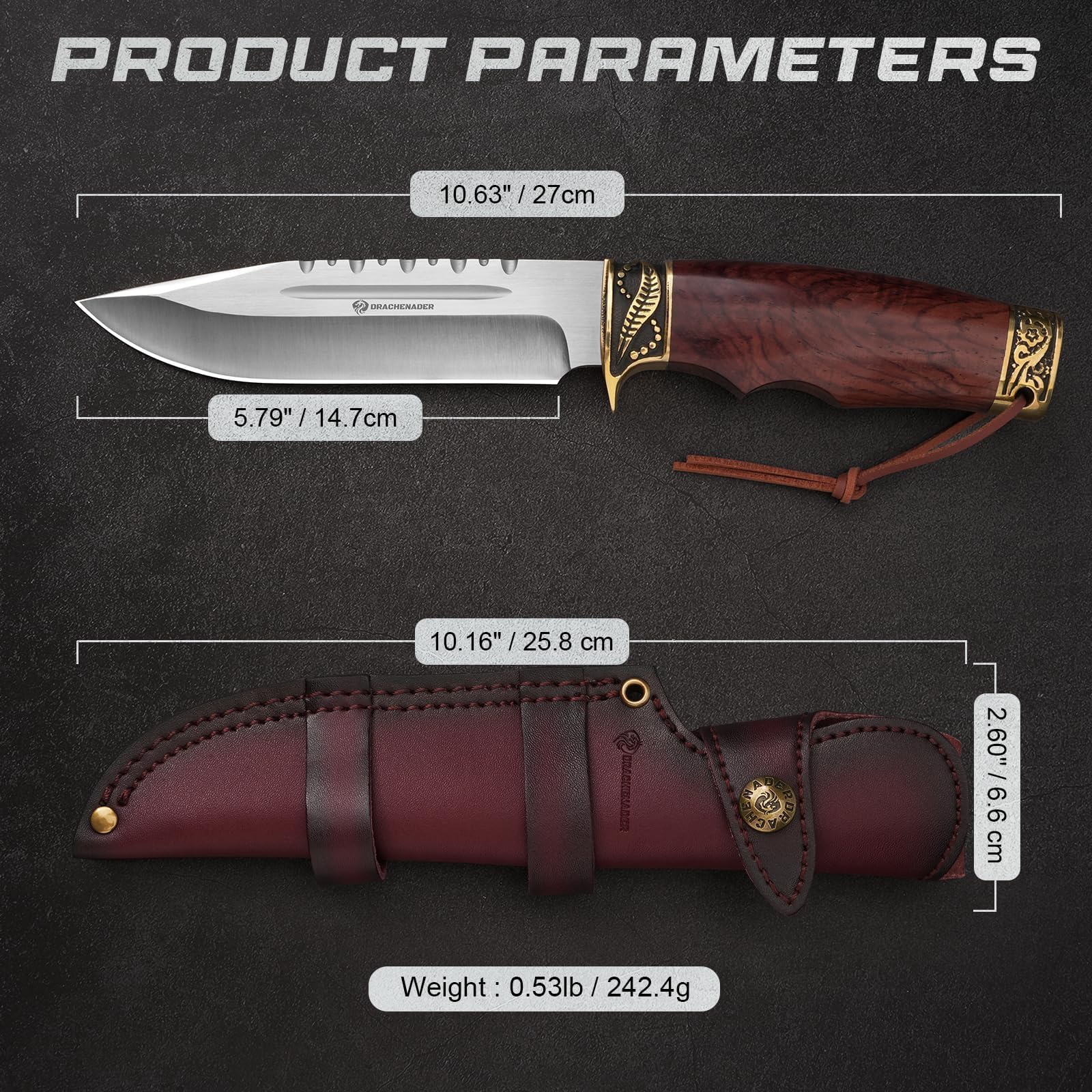 DRACHENADER coltello da caccia lama fissa Yu - Ln, 14,7cm lunghezza lama cintura con fodero in pelle, acciaio 5Cr14moV, manico in legno, campeggio sopravvivenza all'aperto