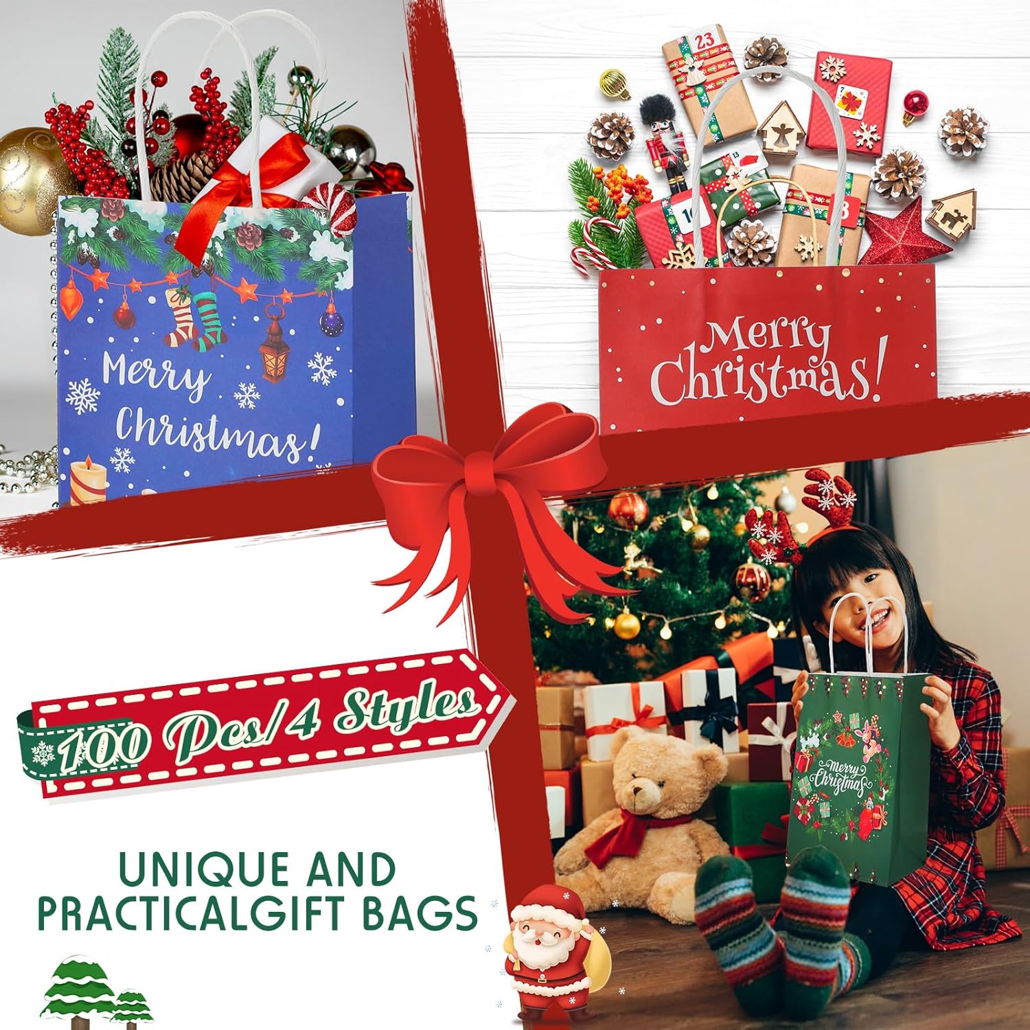 Cholemy 100 Christmas Gift Paper Bags Bulk with Handles Paper Treat Bags Winter Xmas Tree Santa Snowman Kraft Bag Snowflake Reusable Grocery Goodie Bags for Party Favor Holiday Present Wrapping Gifts - Image 4