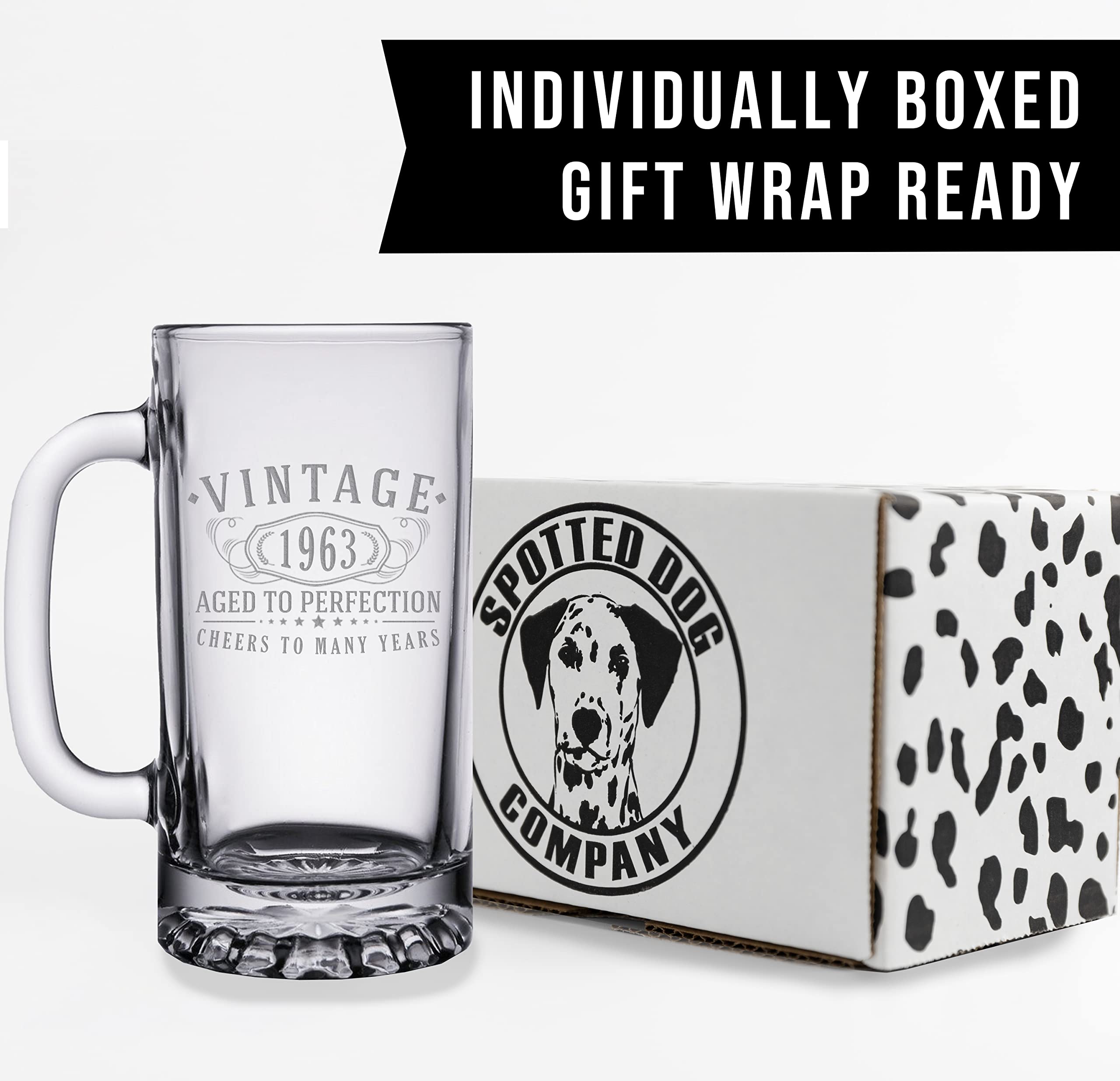 Vintage 1963 Etched 16oz Glass Beer Mug Stein – Happy 60th Birthday Gifts for Men Women, Cheers to Turning 60 Year Old Man Decoration Decor,