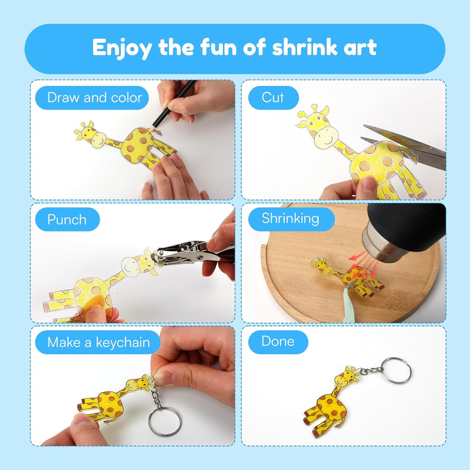Auihiay 198 Pieces Shrink Plastic Kit Includes 20 Sheets Shrink Papers, Hole Punch, Keychain Accessories and Pencils for Shrinky Art and DIY Keychain Making Easter Mother Day Ornament