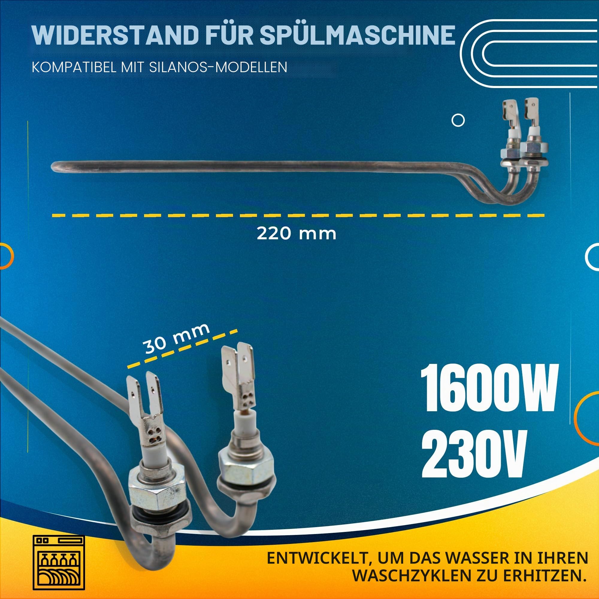 DOJA Barcelona | Geschirrspüler-Heizelement Kompatibel mit SILANOS | 1600W | 230V | Geschirrspüler-Wasser Erhitzer | 22x3cm | Elektrischer Heizstab | Spülmaschine-Ersatzteile | Heizspirale Ersatzteile