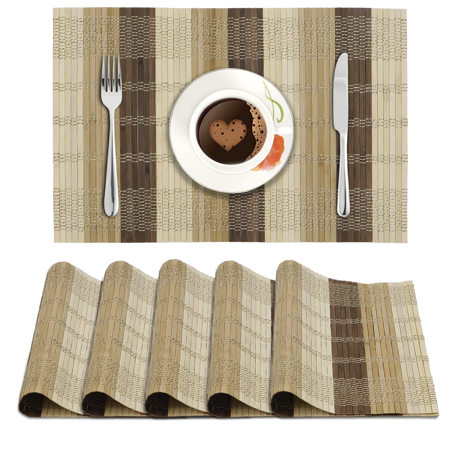 HOKIPO Reversible Bamboo Table Mats For Dining Table, Set Of 6 Placemats, 45X30 Cm, (Ar4551), Multicolor