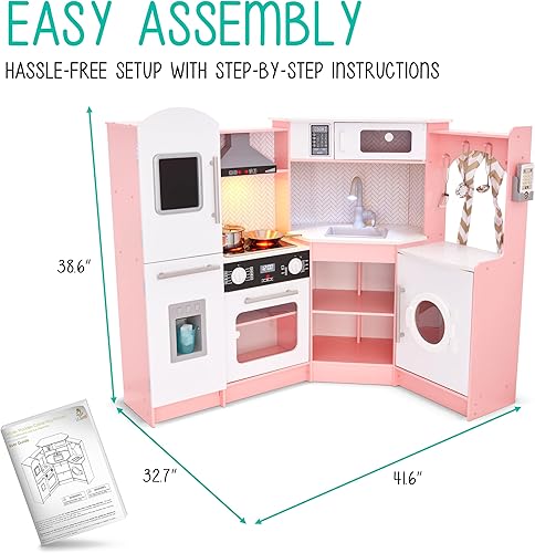 Miniatura 3 de Lil' Jumbl Juego de cocina de esquina para niños, cocina de lujo de madera de simulación, máquina de hielo a pilas, estufa y grifo con sonido Rosa