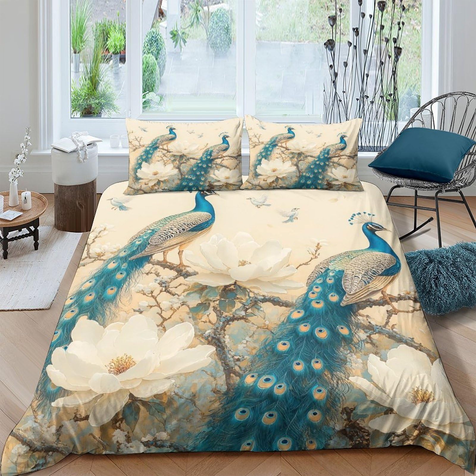 GPLZQXKJNH 3D Printed Peacock Floral Duvet Cover Microfiber Soft Breathable Blue Bird Bedding Set with 2 Pillowcases for Bedroom Decor Single（135x200cm）