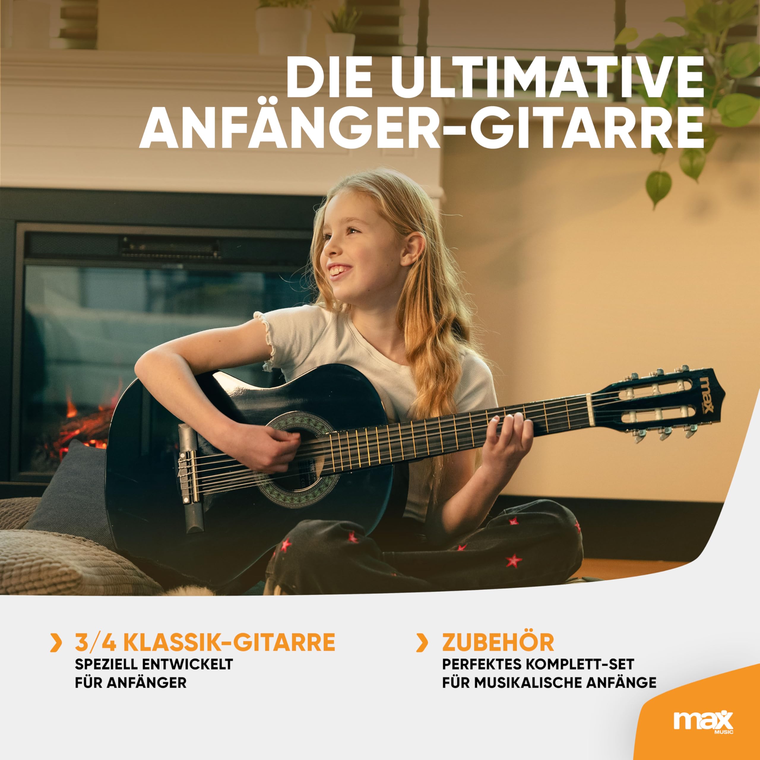 MAX SoloArt - Gitarre 3/4 Kindergitarre ab 6 Jahre, Junior Akustik Gitarre inkl. Gitarrenständer, Tasche, Plektrum, Gurt und Saiten-Zubehör, 3/4 Guitar Kinder ab 6 Jahren in Schwarz