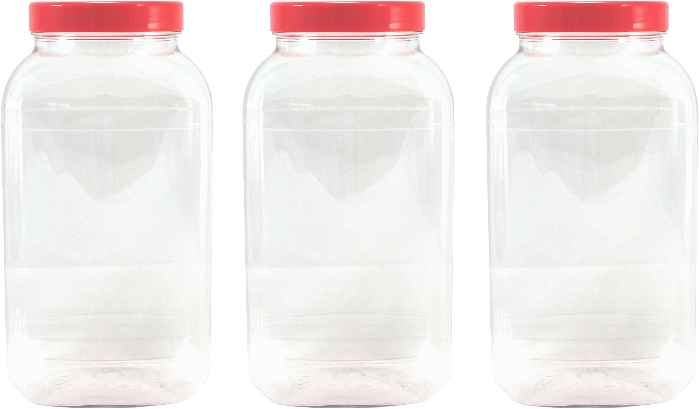 3 Large Storage Jars with red Screw top lids by Britten & James. Crystal Clear Food Grade Plastic - Safe, hygienic and Attractive.