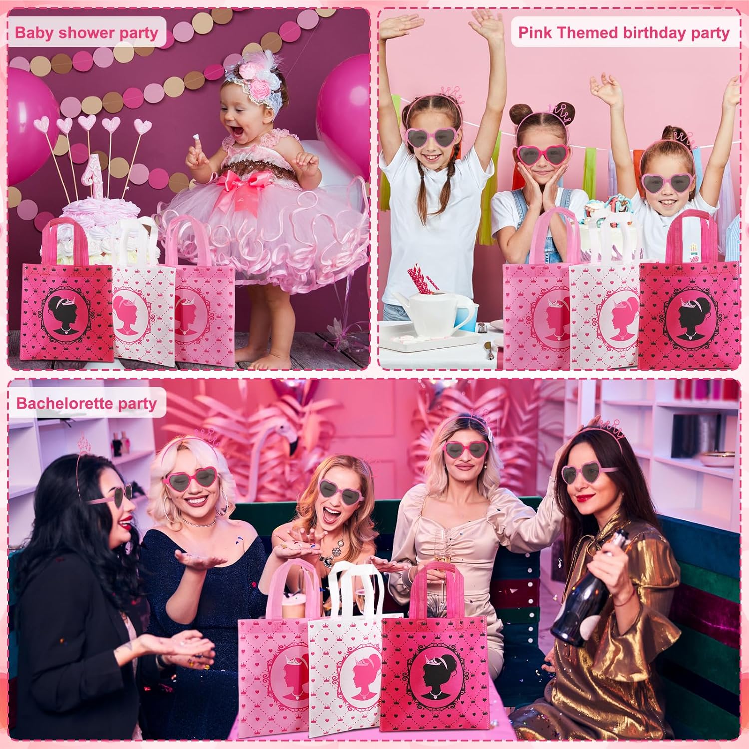 72 Pcs Pink Girl Party Favors Kit Hot Pink Princess Party Supplies 18 Girls Treat Candy Goodie Bags with Handle 18 Heart Sunglasses 18 Crown Headband 18 Acrylic Keychain