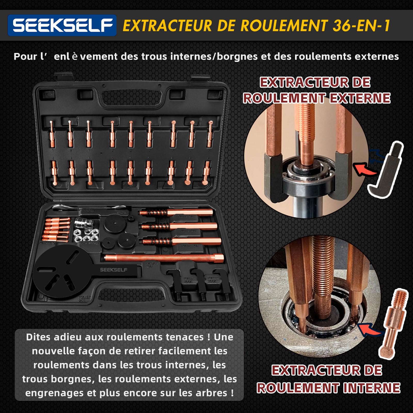 Kit Extracteur de Roulement Interieur 36 en 1, Séparateur de Roulements Internes et Externes, Engrenage Outil de Démontage et d'Extraction