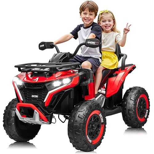 24V Ride on Car, Kids ATV XL Four Wheeler w/EVA Tire, 19-Inch Leather 2 Seater, 4X200W Motor, Remote Control, Knee Pad＆Flower, 24 Volt Ride on Toys Electric Quad for Big Kids, Red