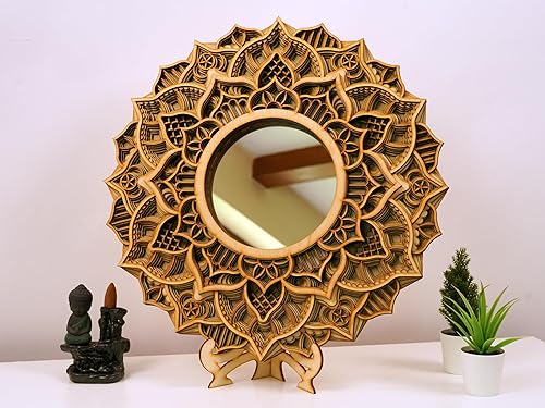 BHDecor Espejo para decoración de pared para el hogar, marco tallado con corte láser, elegante mandala de madera para colgar, paneles de MDF para