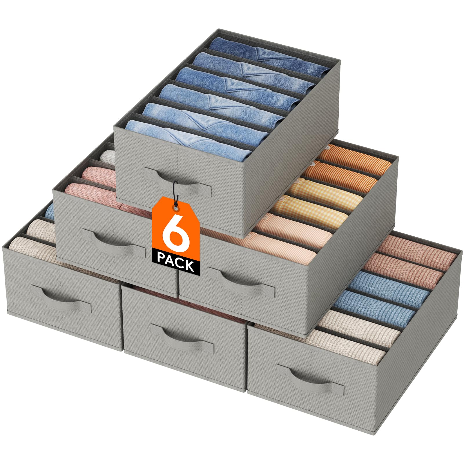 Lifewit 6 Pack Clothes Organizer, 6 Grids Closet Jean Storage Bins with Handles and Support Boards, Foldable Drawer Organizer for Sweater, Pants, T-shirt, Dress, Grey, Size 16.5''x10.6''x7.1''