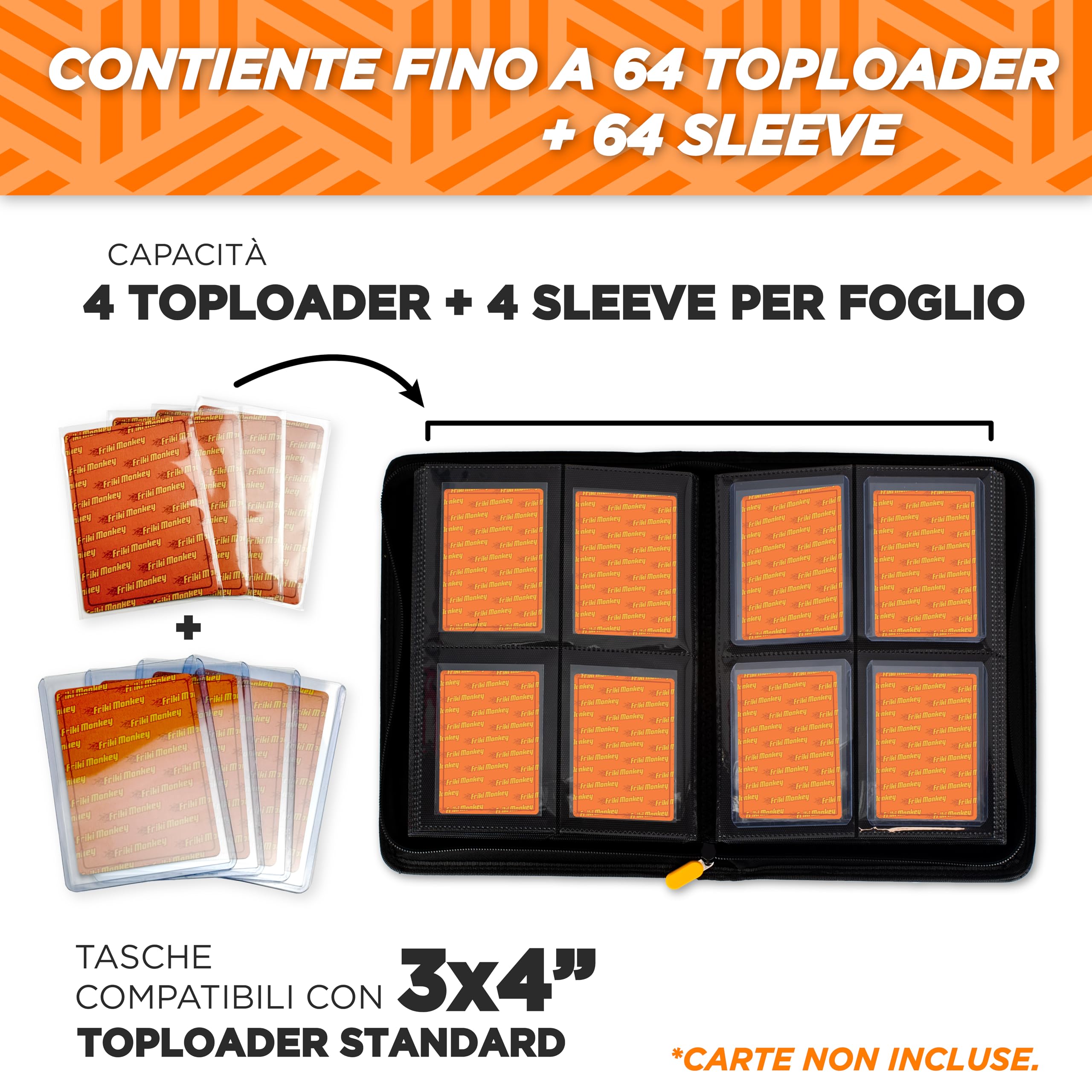 Friki Monkey Raccoglitore carte Pokemon per Toploader, album per 64 Toploader e 64 Sleeves, totale 128 carte