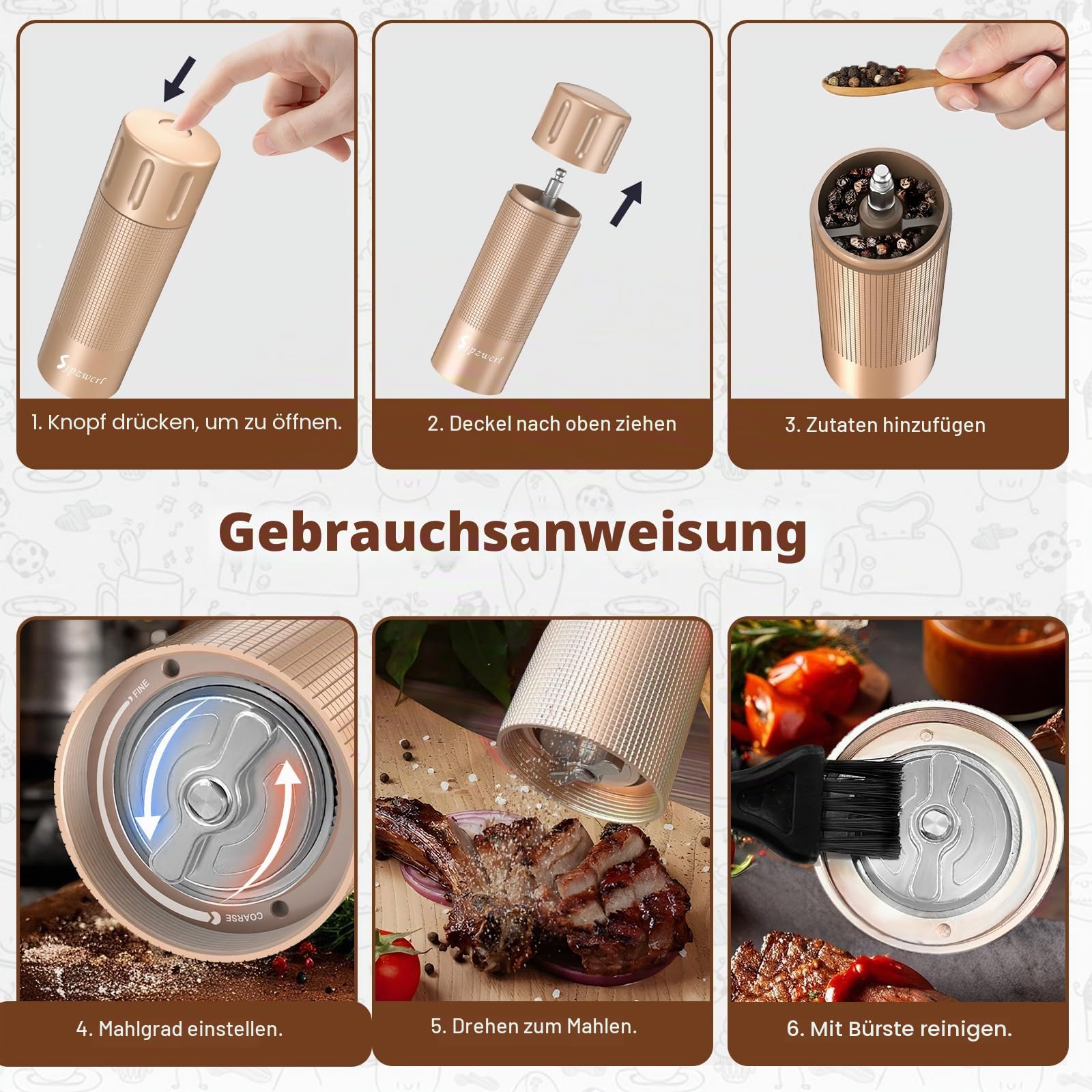 Pfeffermühle Professionelle Manuelle Kleine Einstellbar: Hochleistungs-Pfeffermühle,nachfüllbarer Gewürzmühle mit einstellbarer Schärfe und Edelstahlklinge