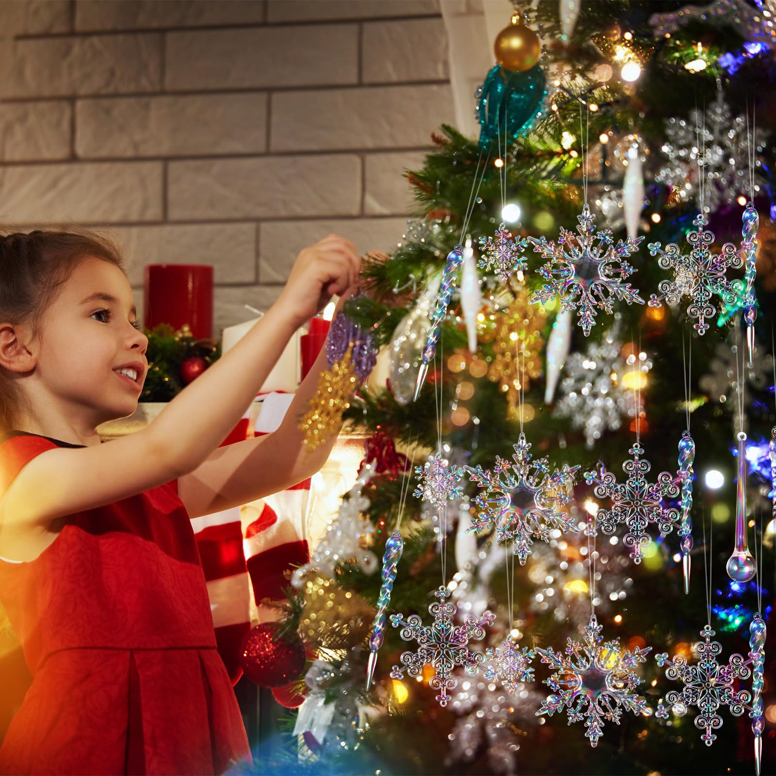 Chunful 70 adornos de Navidad iridiscentes de cristal para decoración de árbol, 8 estilos colgantes de acrílico transparente, colgantes de carámbano, cadena de guirnalda de cuentas de 33 pies para