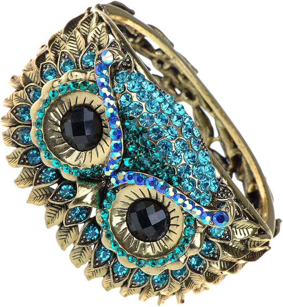Alilang Owl Face Bracelet Antique Bird Crystal Rhinestone Costume Cuff Bangle