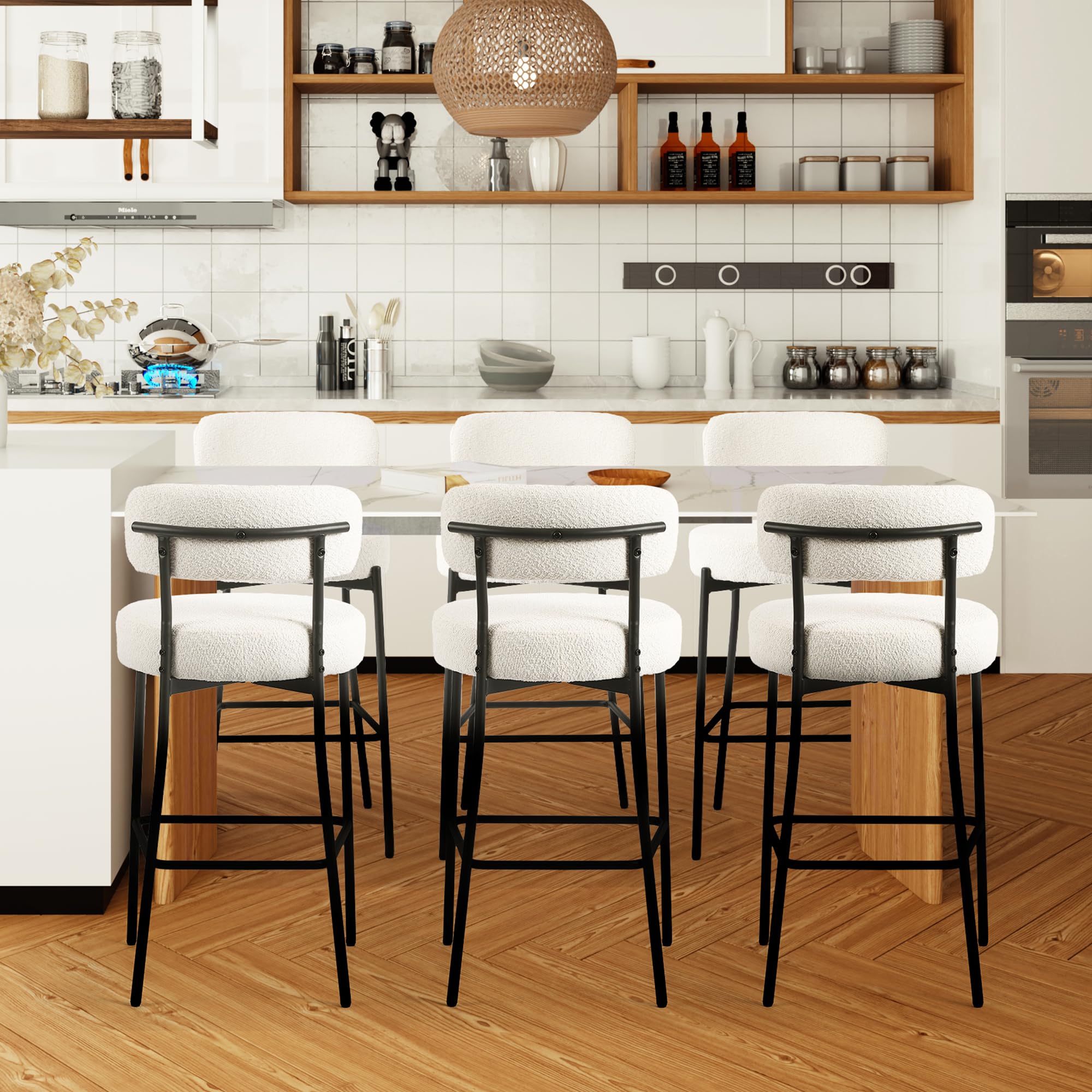 DYHOME Bar Stools Set of 6, 28 Inches Boucle Counter Height Bar Stools with Back, White Modern Tall Barstools with Metal Legs for Kitchen Island
