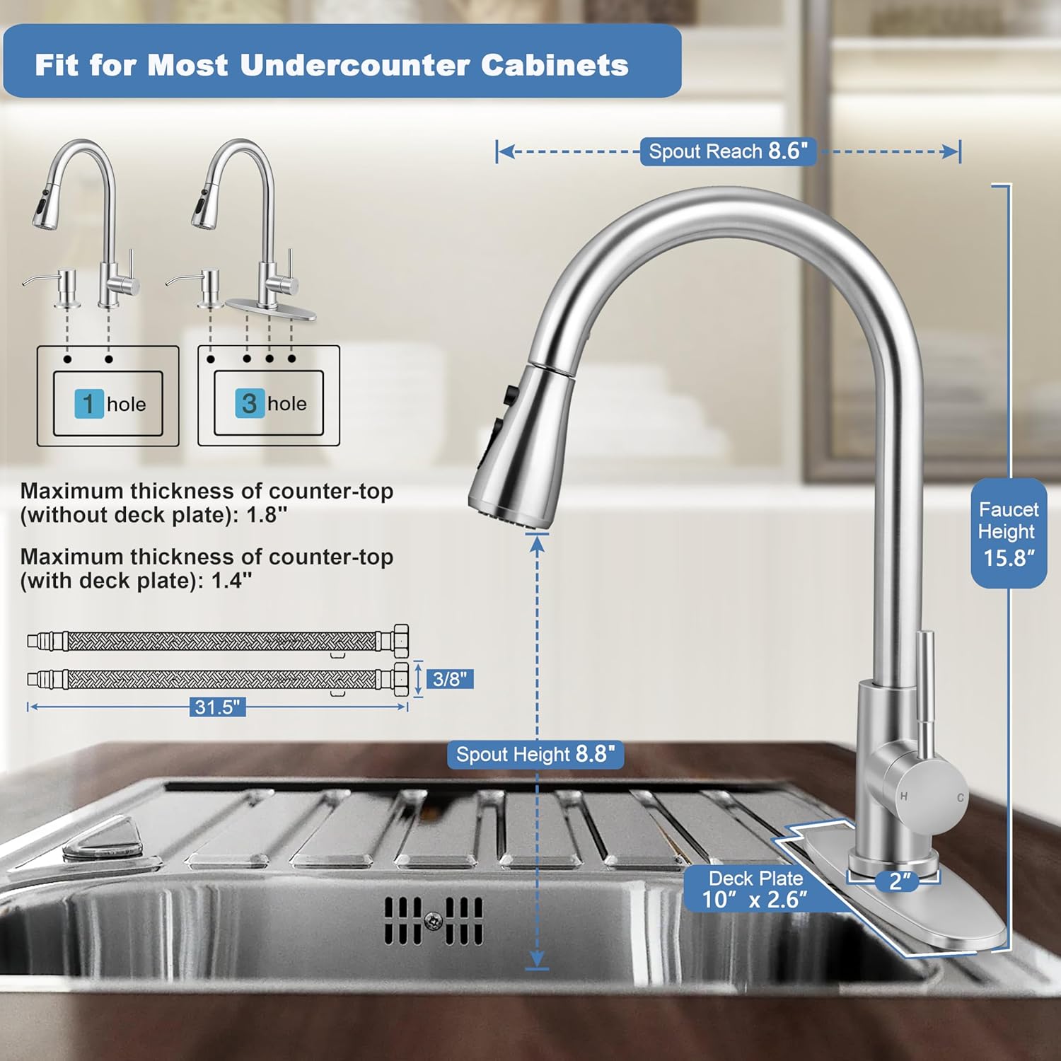 Homikit Kitchen Faucets with Pull Down Sprayer & Soap Dispenser, Brushed Nickel High Arc Stainless Steel Single Handle Kitchen Sink Faucet with Deck Plate for Farmhouse Utility Camper Laundry Rv - Image 2