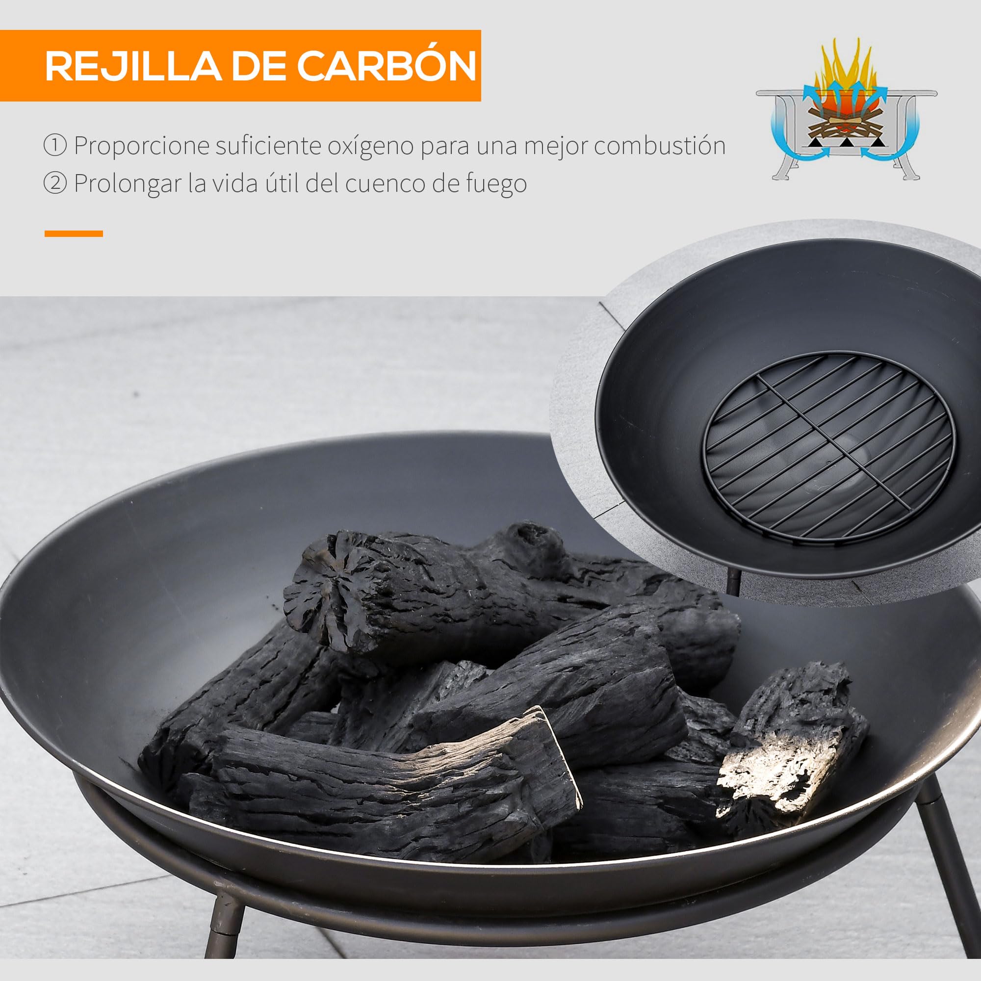 Outsunny Brasero Exterior para Jardín Pozo de Fuego de Metal con Protector de Chispas y Atizador para Hogueras Terraza Camping al Aire Libre Ø47x33 cm Negro