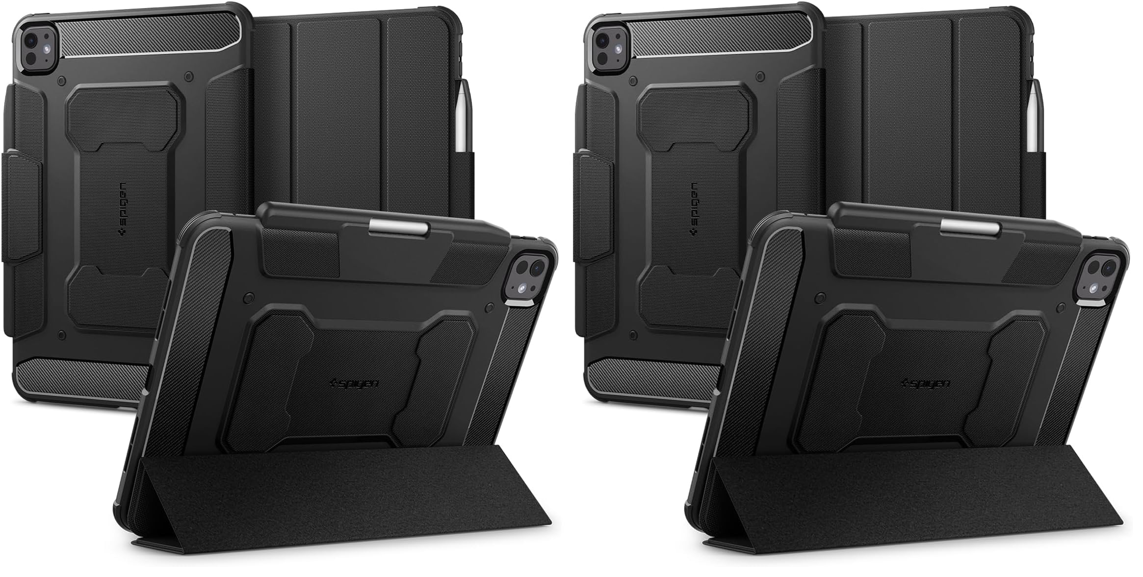 Spigen for iPad Pro 11 inch Case M5/M4 (2025-2024), Rugged Armor Pro, Tri-fold Kickstand Protective Folio Cover with Pencil Holder, Supports Auto Wake/Sleep, Black (Pack of 2)