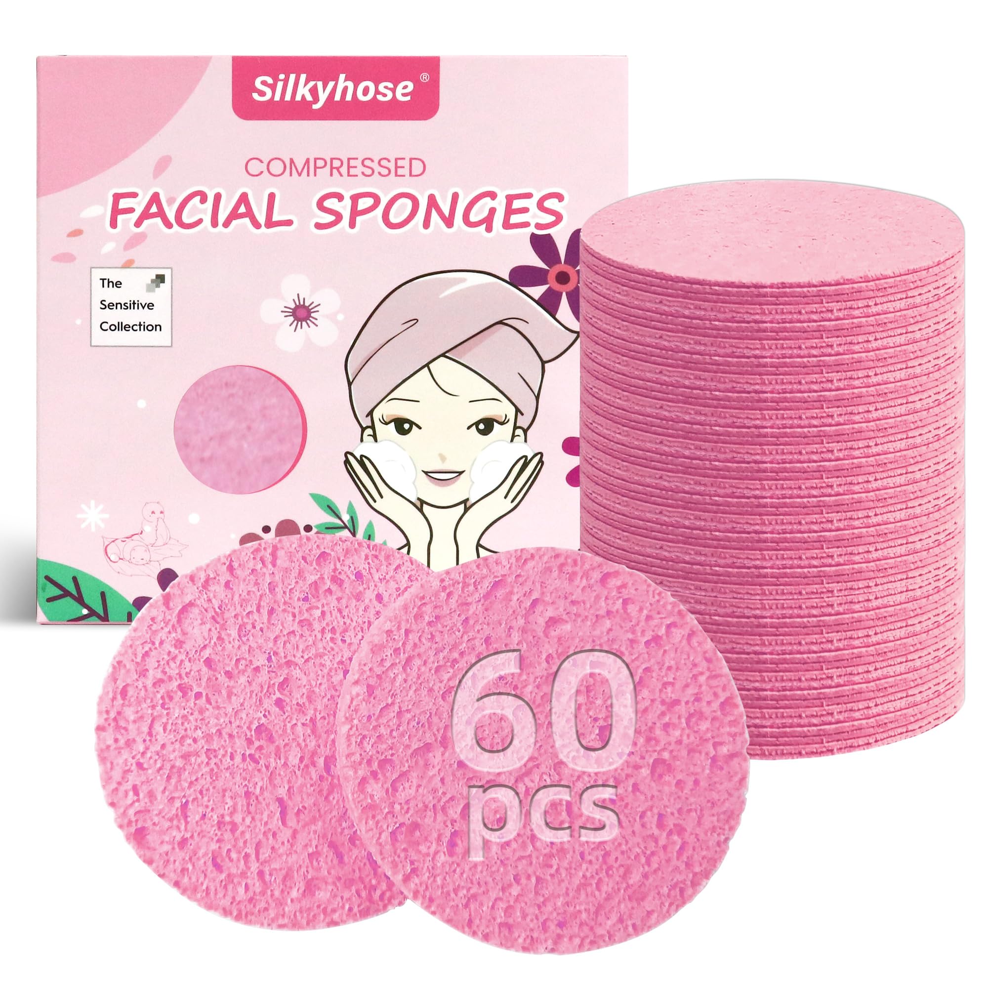 Silkyhose 60-Count Compressed Facial Sponges 100% Natural Cellulose Cosmetic Spa Sponges for Daily Facial Cleansing Makeup and Mask Removal Pore