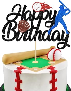 1 PCS BaseBall Cake Topper Happy Birthday Glitter Baseball Player Sports Theme Cake Pick Decorations for Baseball Theme Baby Shower Kids Birthday Party Cake Decorations Supplies