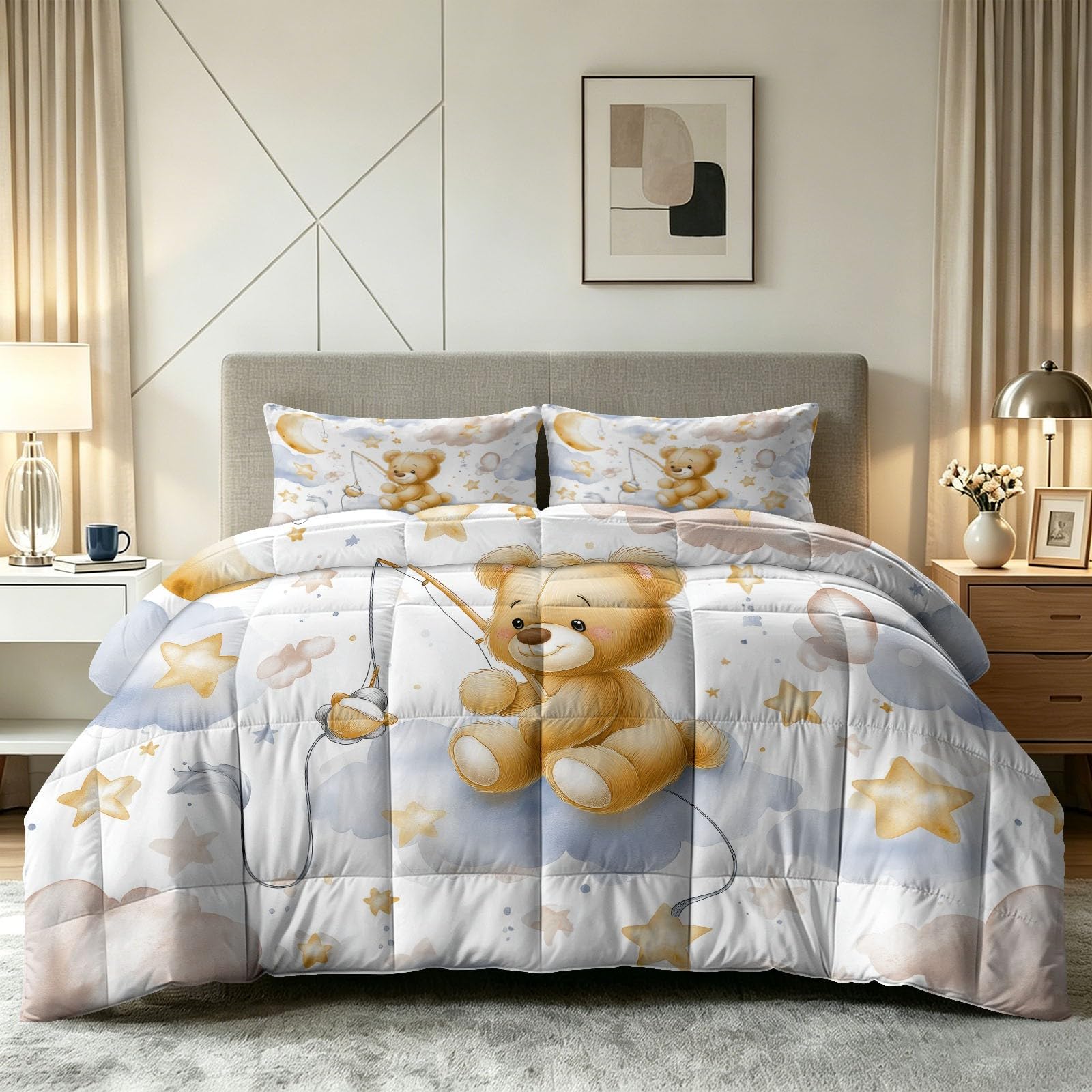 Edredón doble reversible de oso de peluche con 2 fundas de almohada lavables para cama