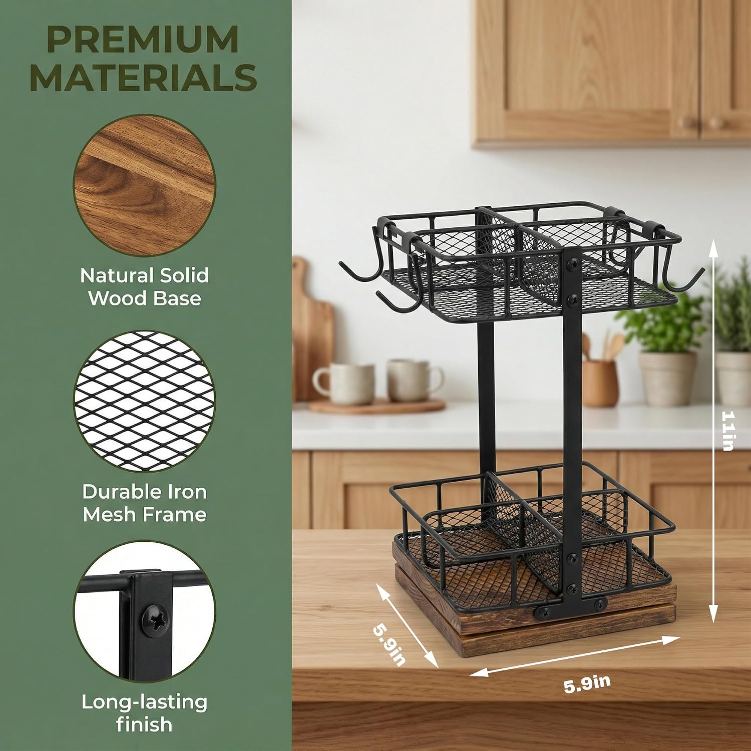 Rotating Tea Bag Holder with 360° Wooden Base, 2-Tier Tea Bag Organizer for Countertop, Teabag Caddy Stand with 4 Cup Hooks, Kitchen Coffee Bar Storage Rack image 4