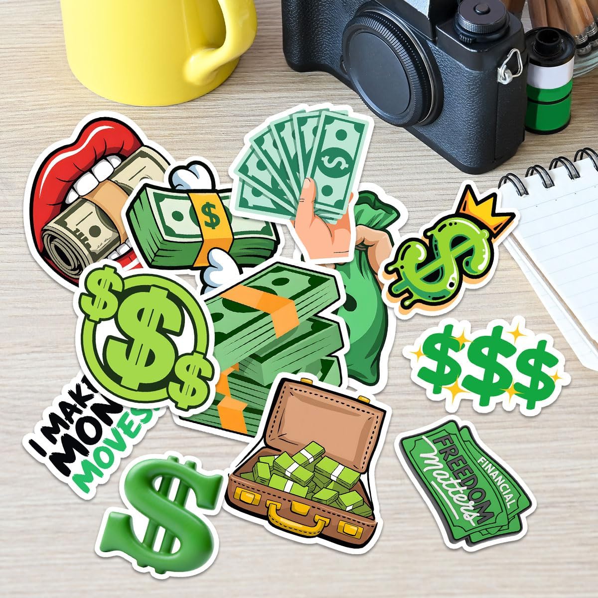 12 Pcs Money Stickers, Cash Dollar Sign Vinyl Decals, Funny Rich Life Quotes and Financial Freedom Designs, Waterproof Stickers for Laptop, Water Bottle, Notebook, Gift for Entrepreneurs