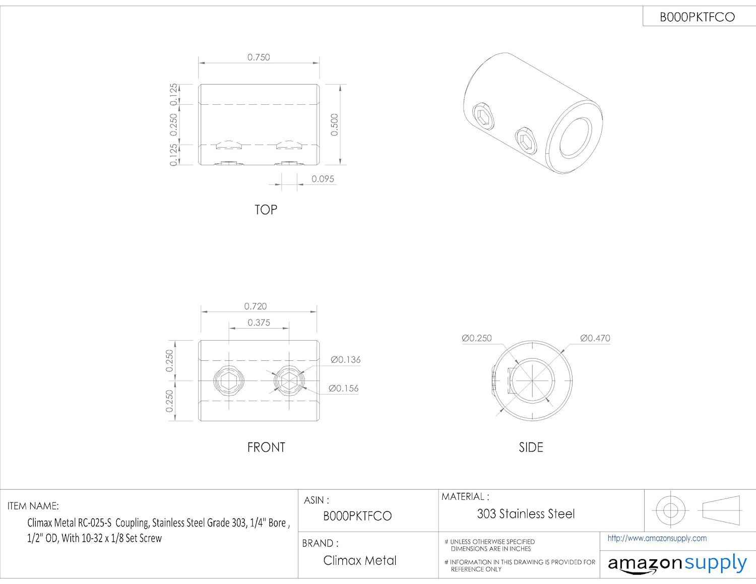Climax Metal RC-025-S Coupling, Stainless Steel Grade 303, 1/4" Bore , 1/2" OD, With 10-32 x 1/8 Set Screw