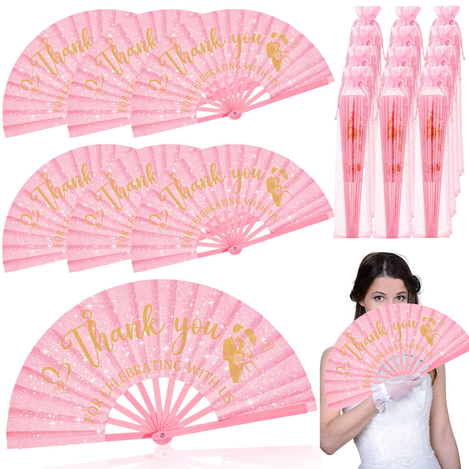 Vercraft 12 Sets Large Wedding Glitter Foldable Fans Bulk Wedding Festival Handheld Fans with Organza Bag Thanks for Celebrating with Us Favors for Guests Bridal Shower Wedding Dancing Party(Pink)