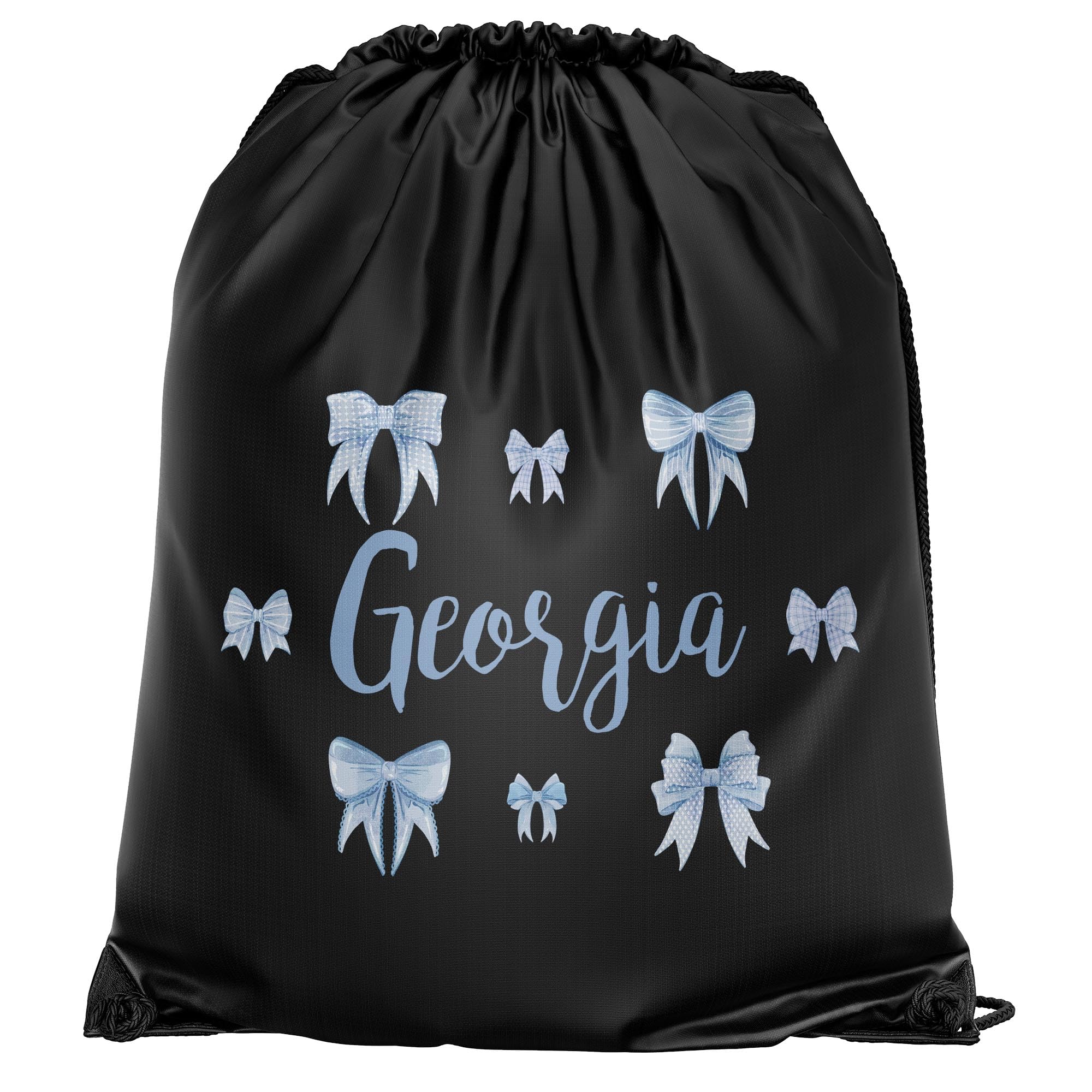 Purple Print House Personalised Bows Drawstring Bag for Girls Custom Name PE Kit Sports Bag for Back to School Kids Infants New Term Gift, One Size, Black