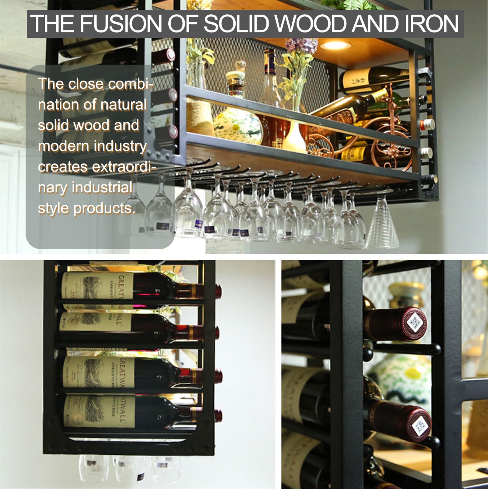 Plafoniera a LED regolabile da 75 cm con supporto per bicchiere di vino, elegante mensola in ferro da appendere per bar da cucina, porta calici in legno e metallo, soluzione funzionale per la