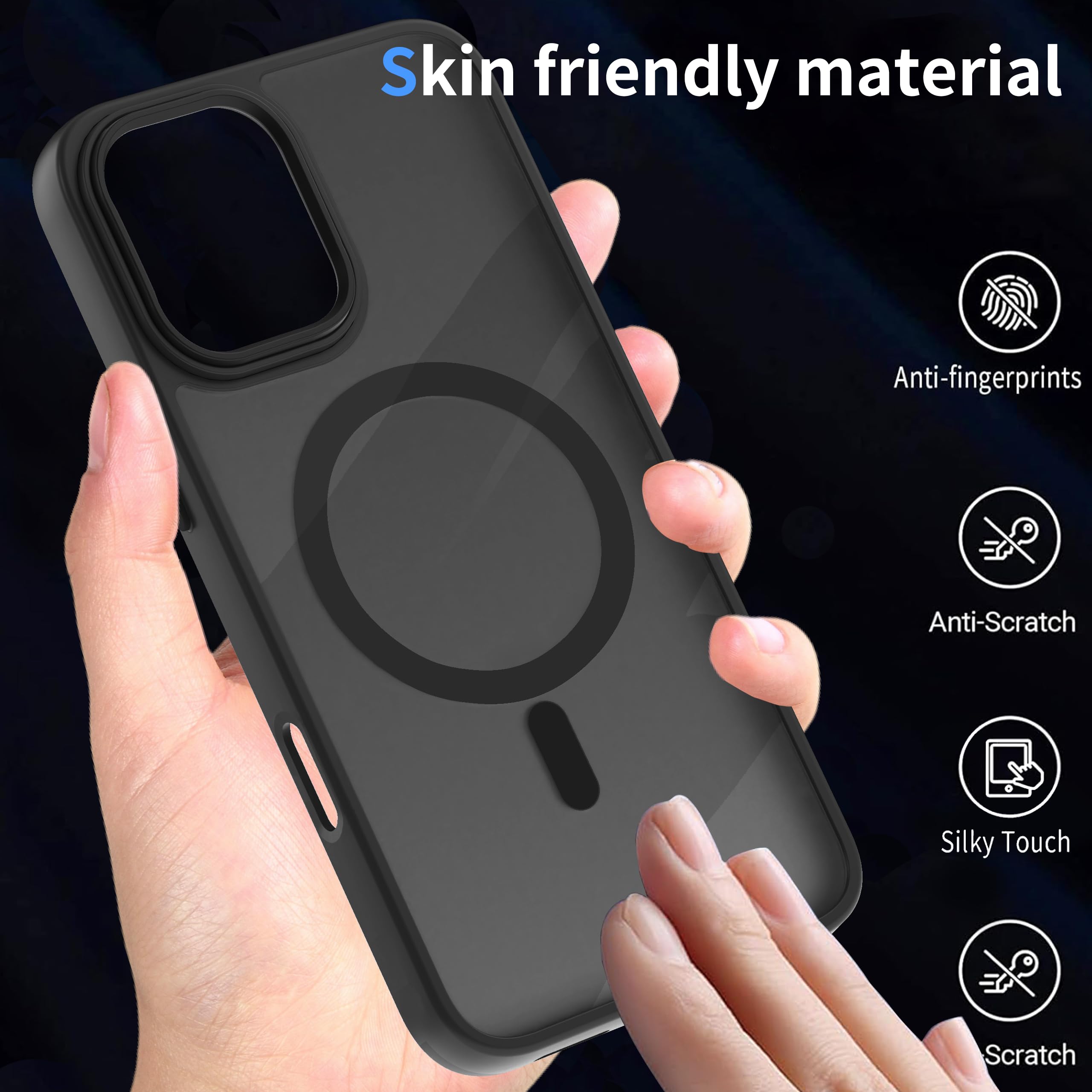 AOMYKE Cover Magnetica per iPhone 16, Custodia iPhone 16 Compatibile con MagSafe, Traslucida Opaca Posteriore Sottile PC+TPU Bumper Antiurto Case - Nero