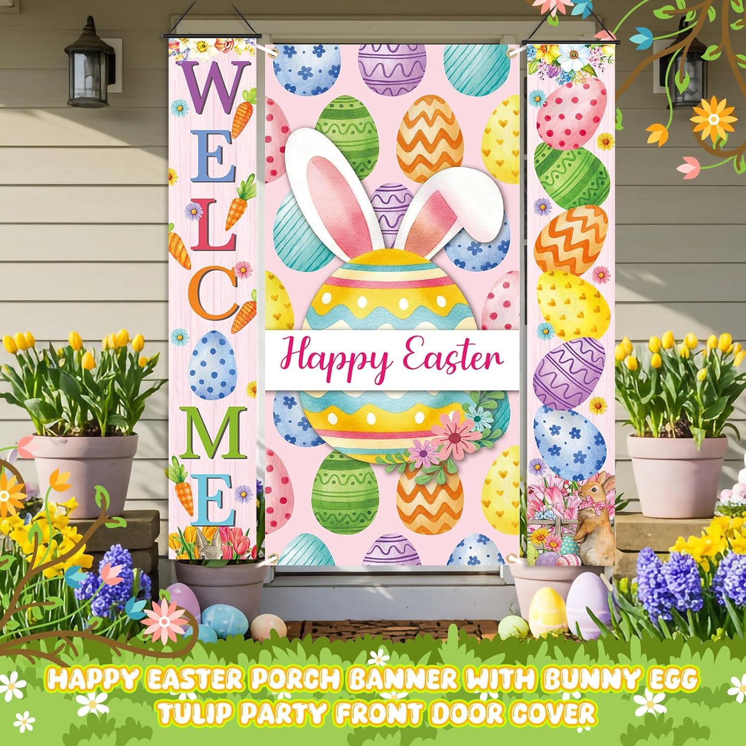 Gilprop 3 Pcs Easter Door Decorations - Easter Door Cover Porch Banner Bunny Decor Egg Banner Porch Sign Hanging Cover for Spring Party Decor Decorations Home Outdoor