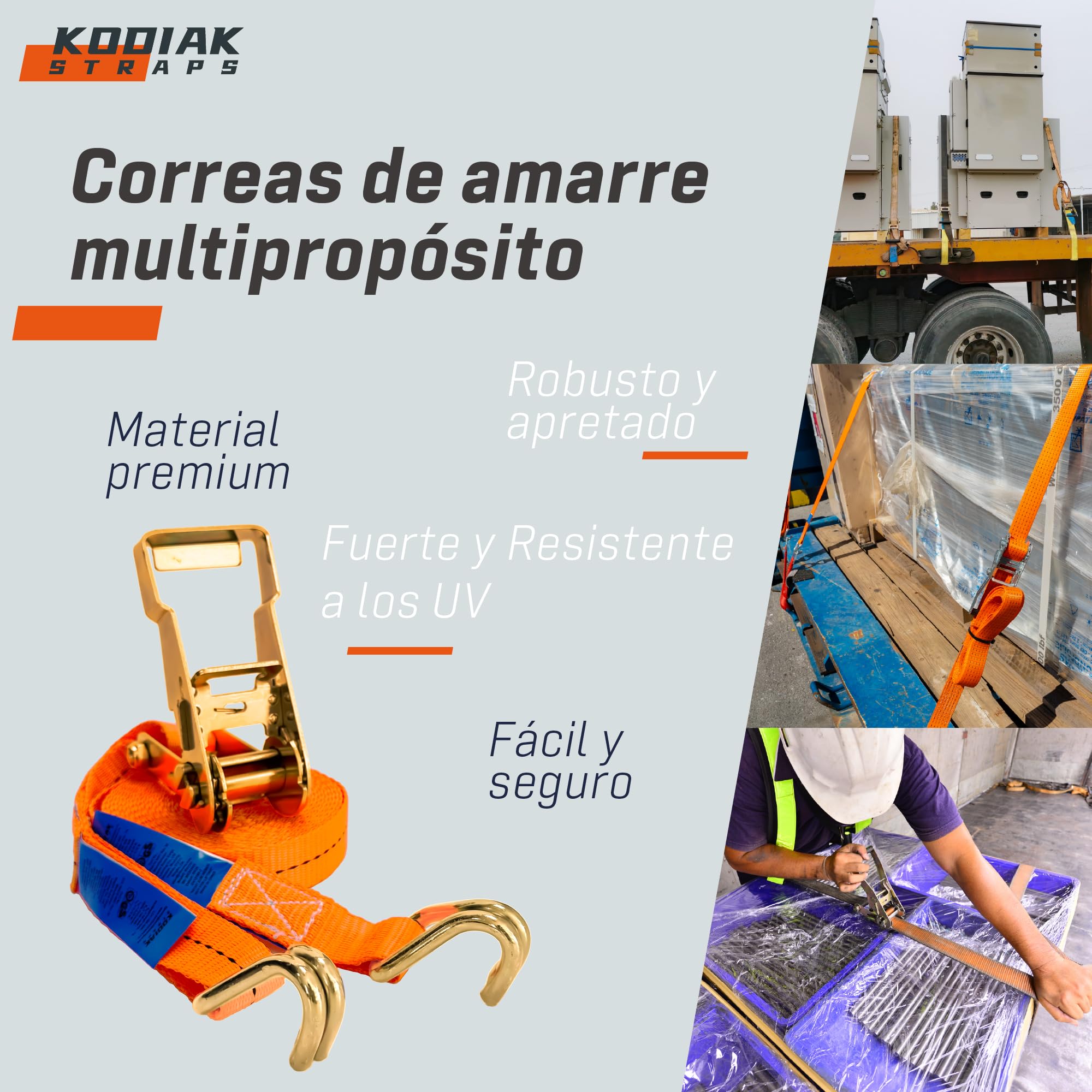 10 Correas Tensoras 6m x 1500inquete y Ganchos - Correas de 27mm - Correa de Trinquete Naranja para Sujeción de Carga - Certificado TÜV/GS según DIN EN 12195-2 - KODIAK STRAPS