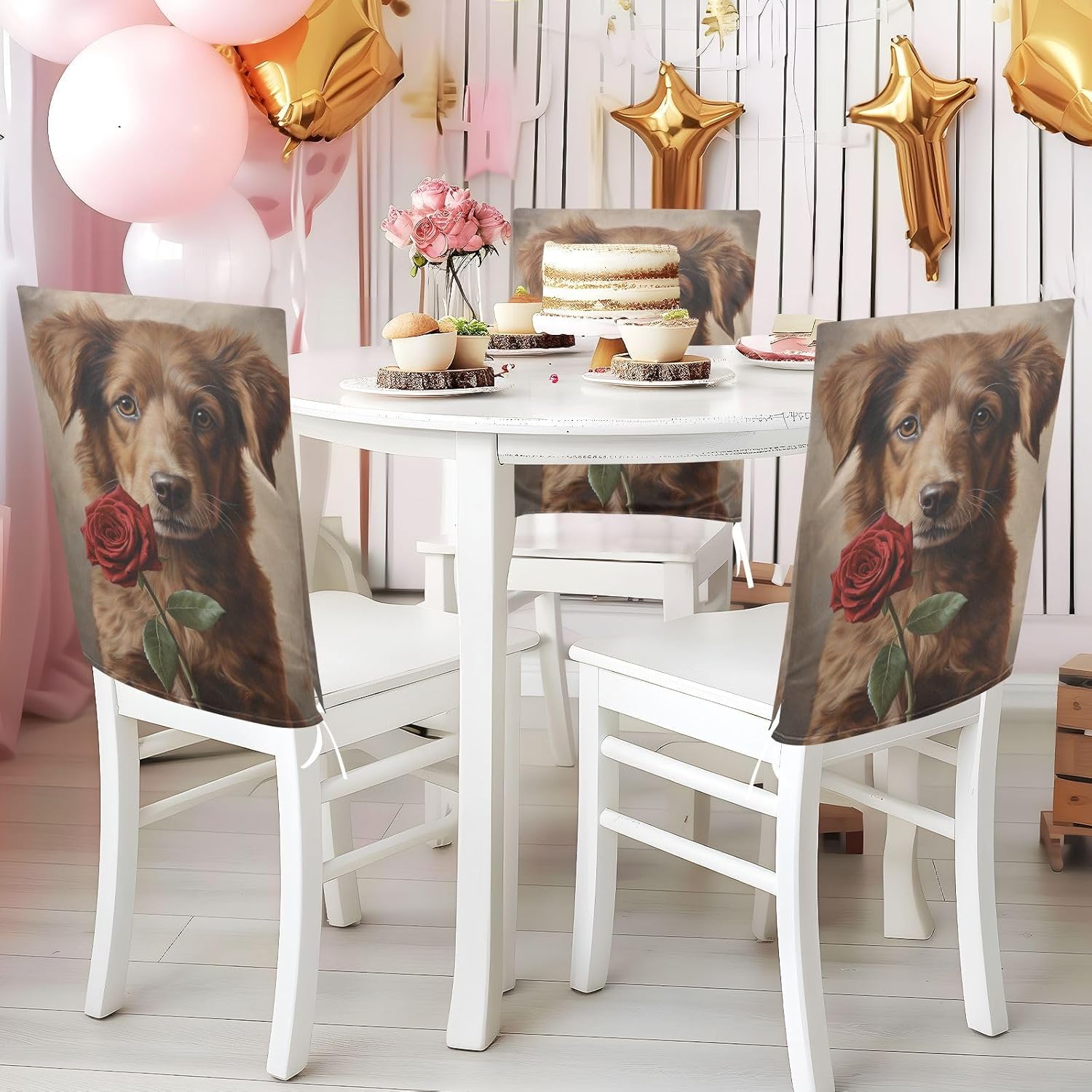 ALAZA Dog and Rose Flower Chair Back Cover Set of 6, Washable Reusable Removable Chair Slipcovers Decorative Chair Cover for Home Kitchen Wedding Party