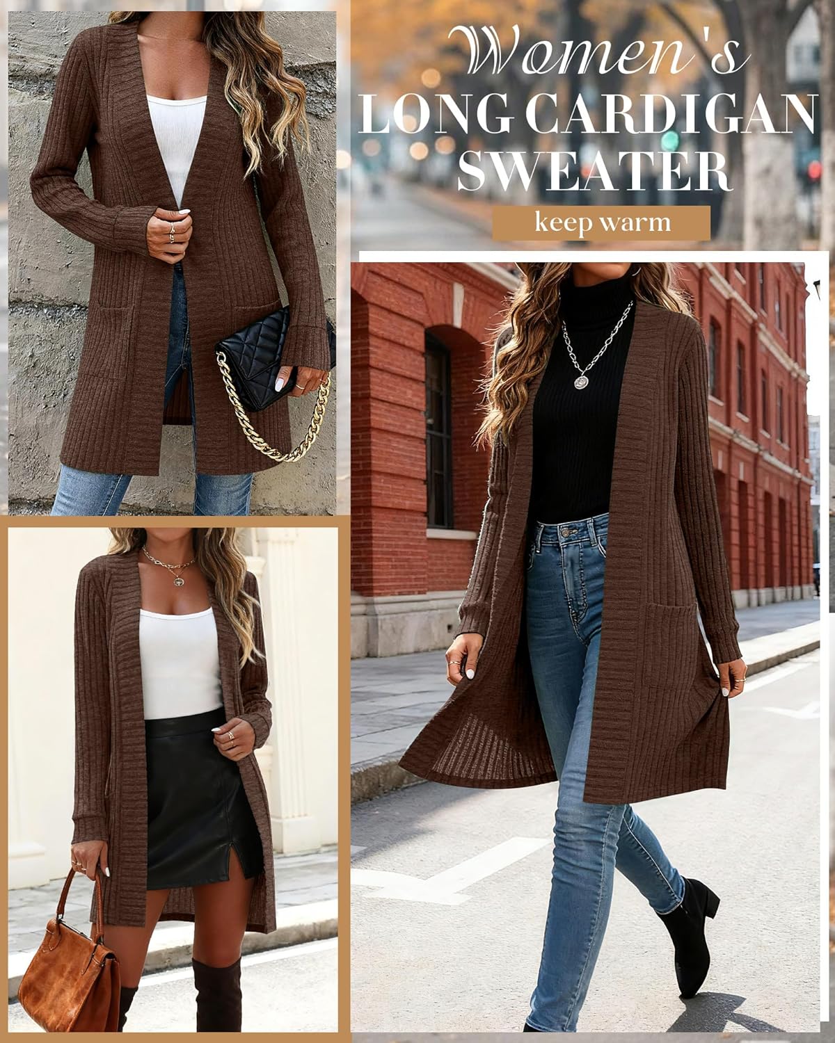 Women's Long Cardigan Sweater with Patch Pockets, Open Front Long Sleeve Lightweight Loose Ribbed Knit Coatigan - Image 2