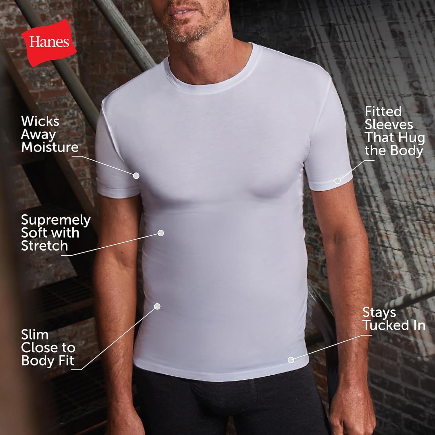 Hanes Men's Perfect Flex Crewneck Tee, 1-Pack, Stay Tucked Fitted Undershirt, Slim Fit Tight on Arms, White & Black - Image 2