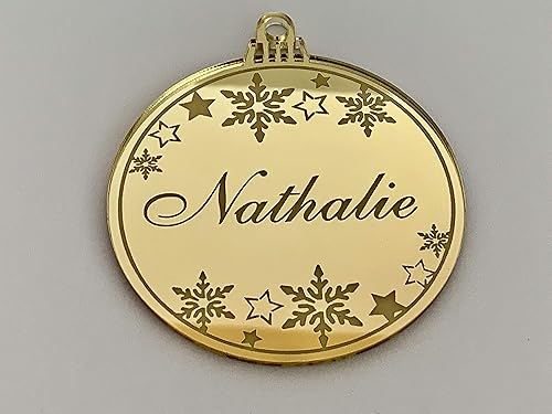 Miniatura 5 de Adorno personalizado para árbol de Navidad, nombre personalizado grabado, decoraciones navideñas, bola de Navidad con espejo, copos de nieve,