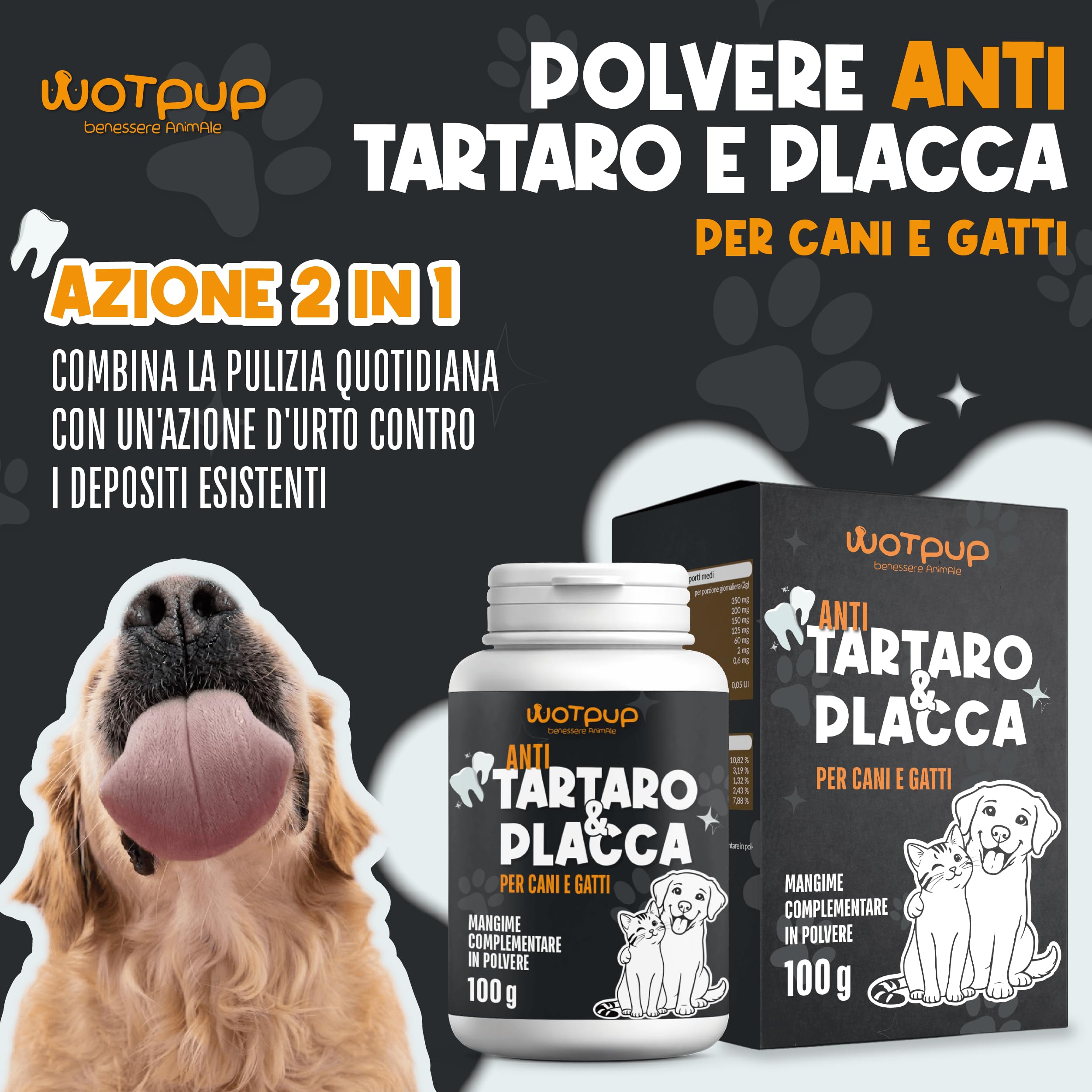 Dental Bright Polvere Dentale per Cani e Gatti, Sciogli Tartaro e Placca, Dentifricio Senza Spazzolino con Inulina, Menta, Pappa Reale e Salvia 100g 50 Dosi Made in Italy