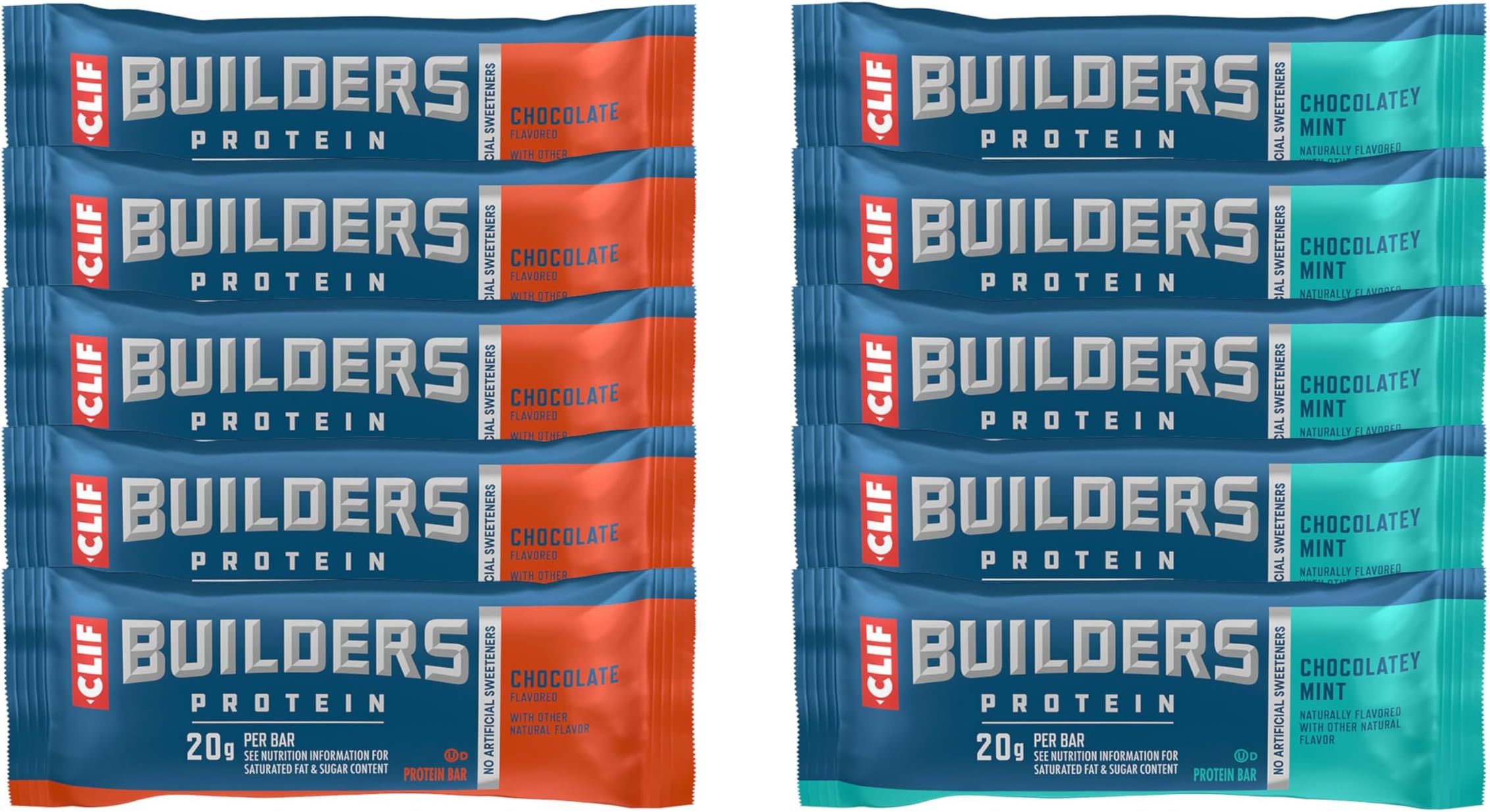 CLIF BUILDERS Protein Bars - Chocolatey Mint and Chocolate Flavor Variety Pack - 20g Plant Based Protein - Gluten Free - Non-GMO - Low Glycemic - No Artificial Sweeteners - 2.4 oz. (10 Count)