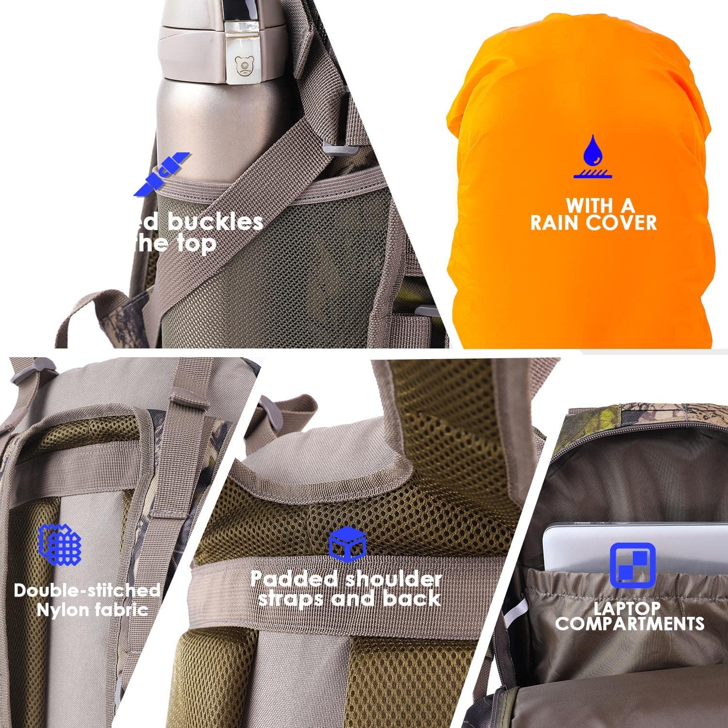 Hunting Backpack with Waterproof Rain Cover Camo Backpack with Bow and Rifle Holder for Camping,Hiking - Image 6