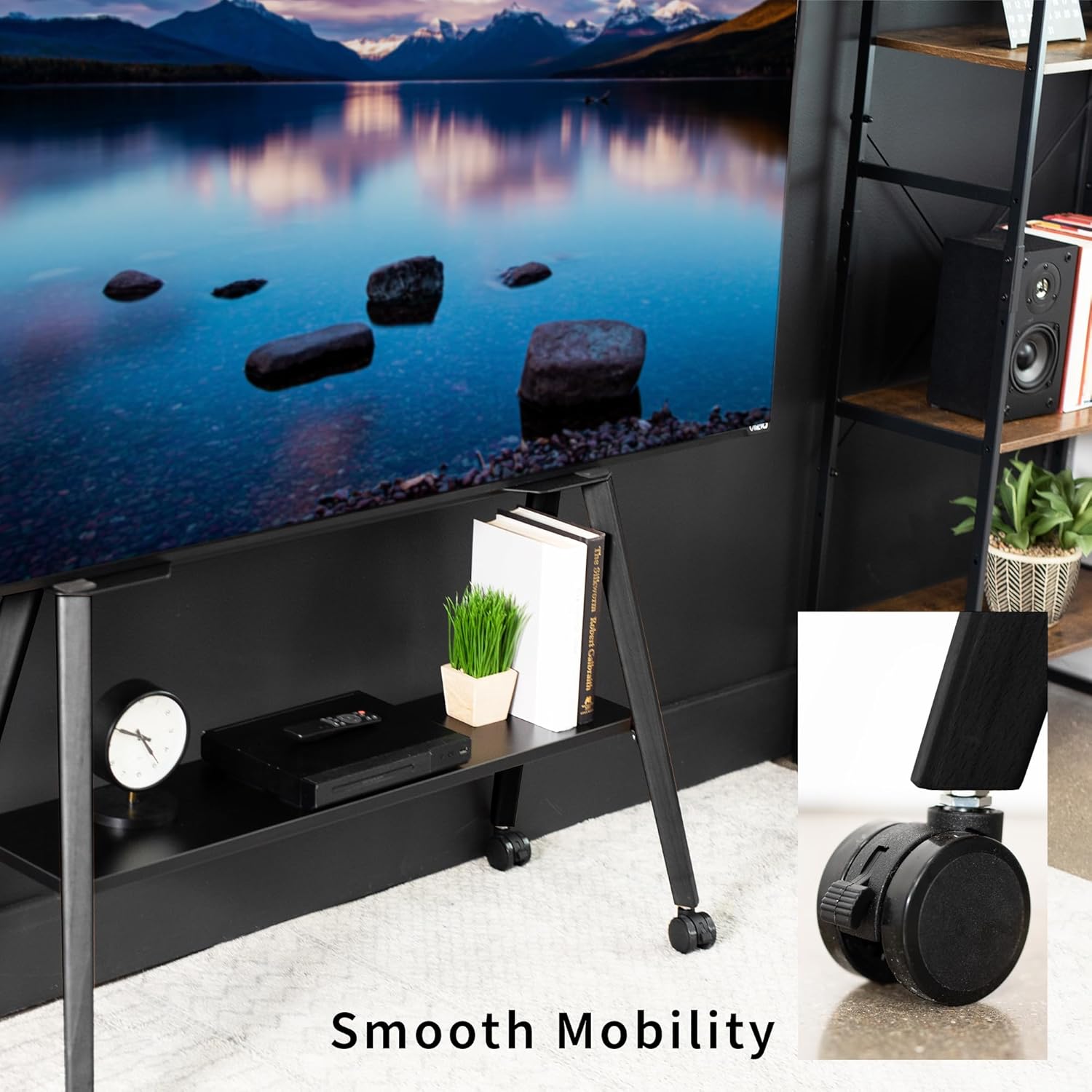 VIVO Rolling Artistic Easel 43 to 75 inch LED LCD Screen Mobile Studio TV Display Stand, Wood Accessory Shelf, Adjustable TV Mount with 4 Legs, Black, STAND-TV75RB