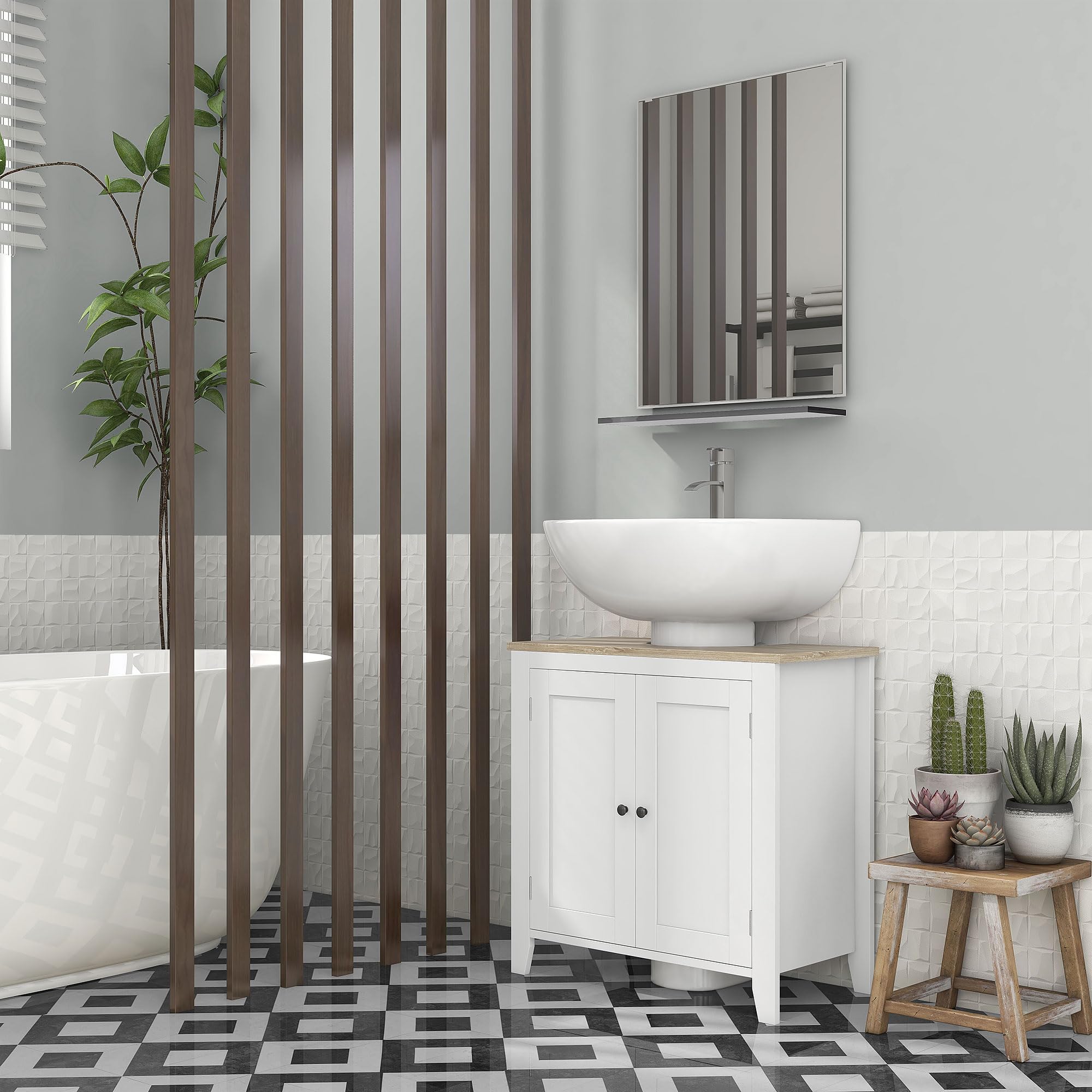kleankin Mueble bajo Lavabo Mueble de Baño con 2 Puertas y Estante Ajustable Armario de Baño para Lavabo con o sin Pedestal Estilo Moderno 60x30x60 cm Blanco