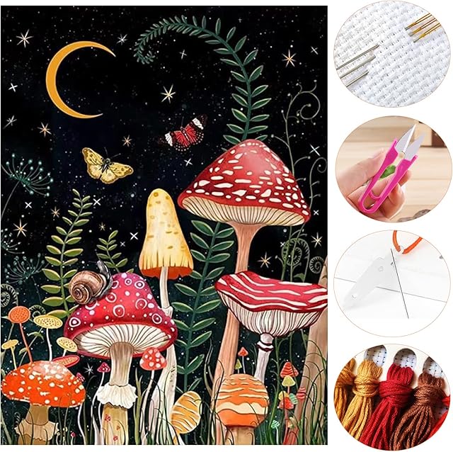 MUFEKUM Cross Stitch Kits for Adults, Vivid Mushroom Butterfly Pattern Stamped Cross Stitch Kits with Needles Scissor Threaders, 11CT Printed Cross Stitch Kit for Home Wall Decor (14"x18")