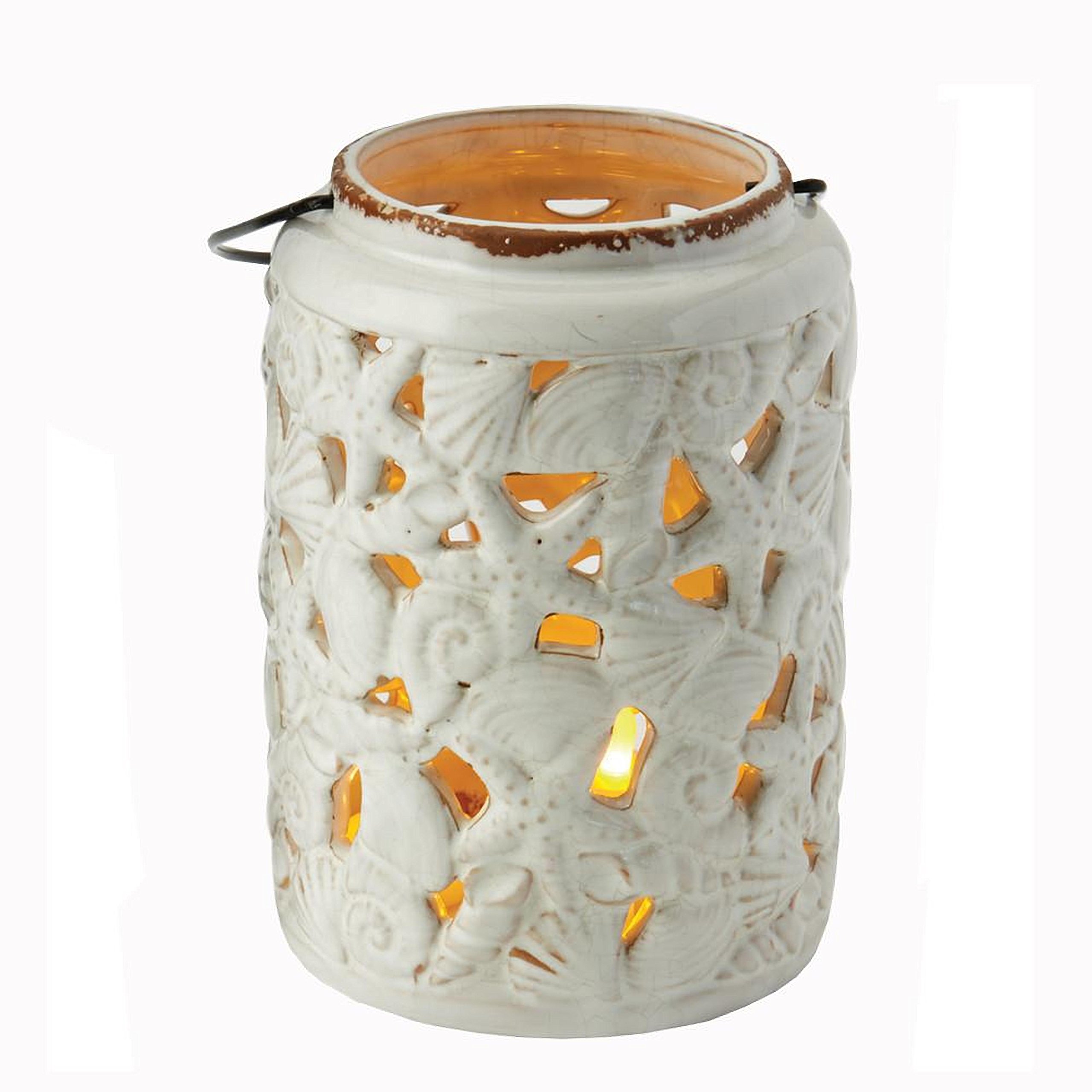 Design Imports Sea Shell Distressed White 8 x 6 Inch Stoneware Outdoor Tabletop Lantern