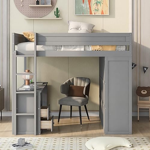 Miniatura 4 de VilroCaz Cama tipo loft de tamaño matrimonial con estantes de almacenamiento y escritorio integrado marco de cama tipo loft de madera maciza con